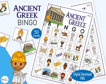 Bingo de la Grèce antique : 50 cartes imprimables pour les enfants, un jeu d'histoire amusant pour les salles de classe, l'école à la maison, les fêtes de grec et l'apprentissage en famille !