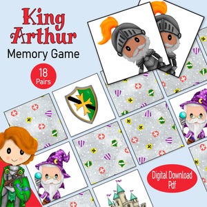 Juego de cartas de memoria del Caballero Medieval, un juego de fantasía del Rey Arturo imprimible para niños, familias o preadolescentes, para jugar en casa, en la escuela o en una feria renacentista.