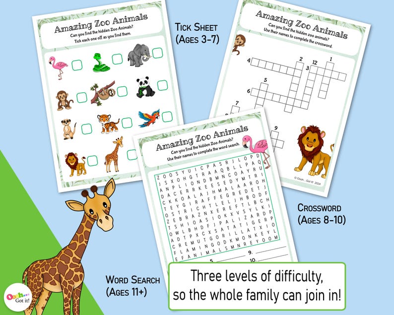 Op de afbeelding: Drie afdrukbare werkbladen met een woordzoeker, een kruiswoordpuzzel en een vinkblad met afbeeldingen van dieren uit de dierentuin. De werkbladen zijn ontworpen voor verschillende leeftijdsgroepen: 3-7 jaar, 8-10 jaar en 11 jaar en ouder. De tekst "Drie moeilijkheidsgraden, zodat de hele familie mee kan doen!" staat onderaan de pagina.