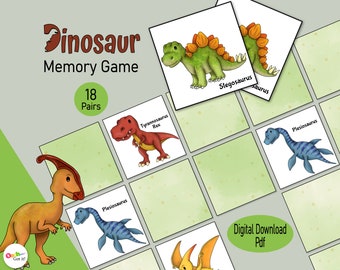 Dinosaur Memory Card Game, a printable Jurassic picture matching game, for toddlers & kids, a quiet time preschool classroom or family game