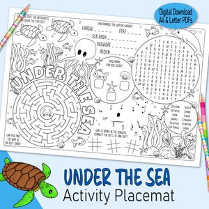 Under the Sea Placemat, printable ocean birthday party activity sheet for kids, a seaside beach coloring table decor or mermaid party favor