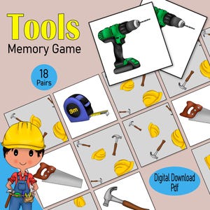 Toolbox Memory Game, een afdrukbaar bouwkaartspel, een activiteit voor het matchen van foto's met doe-het-zelfgereedschap, een vaderdagspel of thuisonderwijs