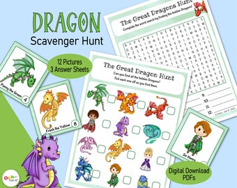 Dragon Picture Scavenger Hunt, a printable picture matching fantasy family game, for a boys birthday party, kids classroom or family game