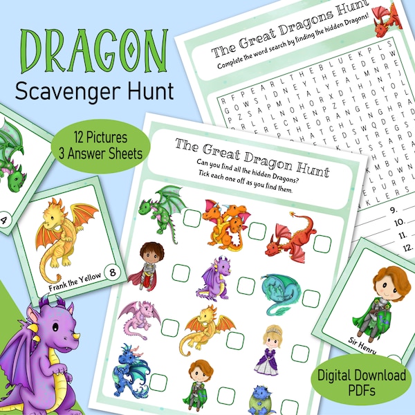 Chasse au trésor avec images de dragon, une image imprimable correspondant à un jeu de famille fantastique, pour une fête d'anniversaire de garçon, une salle de classe d'enfants ou un jeu de famille