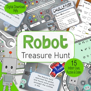 Robot Treasure Hunt, indoor printable scavenger hunt, family adventure, escape room game, for a boys birthday or rainy day activity for kids