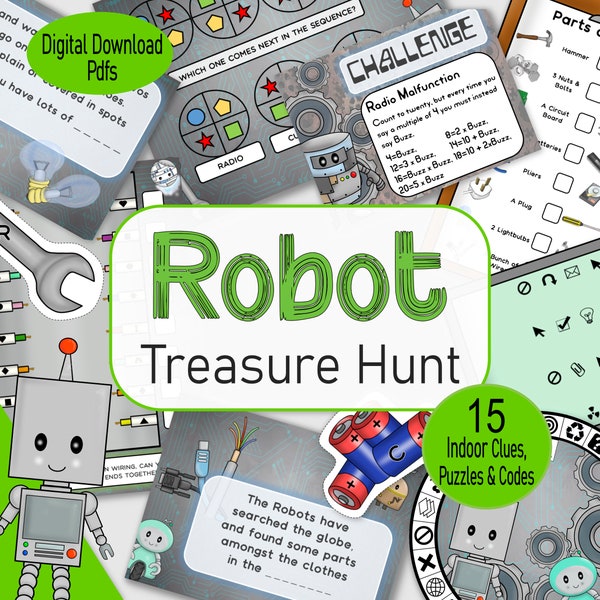 Robot Treasure Hunt, printbare speurtocht binnenshuis, familieavontuur, escape room-spel, voor een jongensverjaardag of regenachtige dagactiviteit voor kinderen
