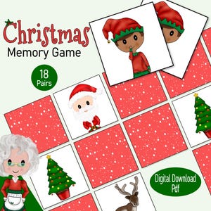 Juego de memoria de tarjetas navideñas, juego de asociación de imágenes imprimible para niños pequeños y niños, un juego de aula preescolar, actividad de fiesta navideña familiar
