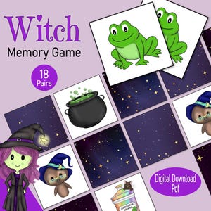 Tarjetas de memoria de brujas, un juego imprimible de combinación de imágenes espeluznantes, para un mágico cumpleaños de octubre, un libro de actividades para niños de Halloween o juegos familiares de otoño.