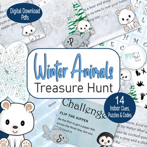 Winter Animals Treasure Hunt, printable indoor arctic scavenger hunt clues, with escape room puzzles, for a birthday party or family game