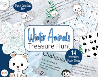 Chasse au trésor des animaux d'hiver, indices imprimables de chasse au trésor arctique en intérieur, avec des puzzles de salle d'évasion, pour une fête d'anniversaire ou un jeu de famille
