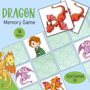 Juego de cartas de memoria de dragones, un juego de fiesta de combinación de imágenes de dragones y caballeros de fantasía imprimible para niños pequeños, niños o una actividad familiar tranquila