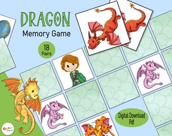 Dragon Memory Card Game, een afdrukbaar fantasiefeestspel met draken en ridders voor peuters, kinderen of een rustige gezinsactiviteit