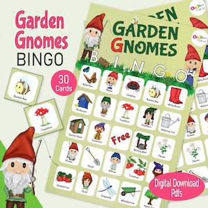 Gartenzwerg Bingokarten, ein druckbares Gartenpartyspiel, Kinderaktivität, für Sommerspaß, Familienspielabend, Teeparty oder Klassenzimmer Bild 1