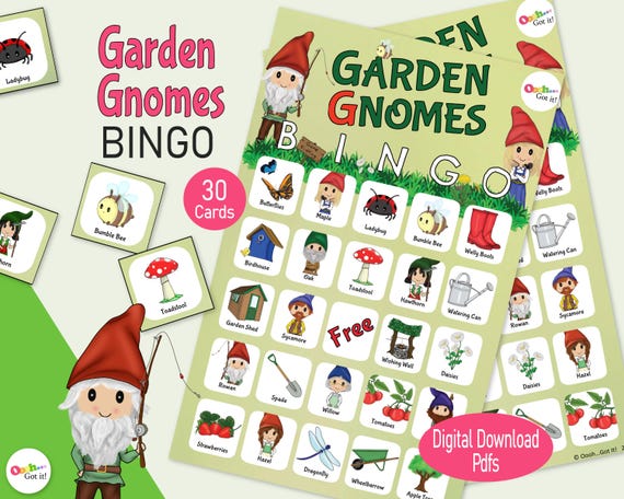 Garden Gnome Bingo Cards, a printable garden party game, kids activity, for summer fun, family games night, tea party, or classroom resource