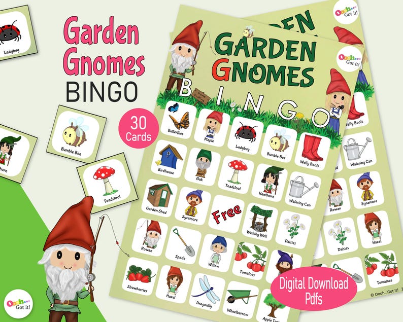 Gartenzwerg Bingokarten, ein druckbares Gartenpartyspiel, Kinderaktivität, für Sommerspaß, Familienspielabend, Teeparty oder Klassenzimmer Bild 1