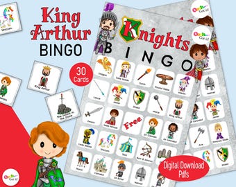 King Arthur Bingo, middeleeuwse ridderbingokaarten, een afdrukbaar fantasiespel voor draken voor een kinderfeestje, thuisschool of renaissancebeurs