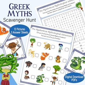 Greek Mythology Scavenger Hunt, a printable Ancient Greece picture game, for a Greek Party, rainy day family game, classroom or home school