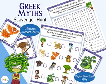 Greek Mythology Scavenger Hunt, a printable Ancient Greece picture game, for a Greek Party, rainy day family game, classroom or home school
