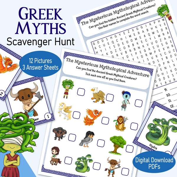 Greek Mythology Scavenger Hunt, a printable Ancient Greece picture game, for a Greek Party, rainy day family game, classroom or home school