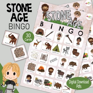Tarjetas de bingo de la Edad de Piedra, un juego de fiesta prehistórico imprimible, actividad para niños o juego de día lluvioso, para preadolescentes, noches familiares o actividades en el aula