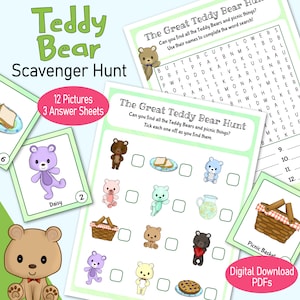 Teddy Bears Picnic Scavenger Hunt, a printable picture matching family game, for a 1st birthday party, a pre-school kit or kids activtiy