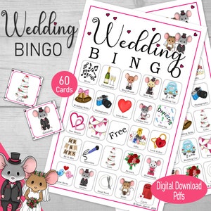 Wedding Bingo, 60 Cards, a printable wedding reception table games, bridal shower or rehearsal dinner idea, adorable hand-drawn wedding mice