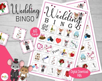 Wedding Bingo, 60 Cards, a printable wedding reception table games, bridal shower or rehearsal dinner idea, adorable hand-drawn wedding mice