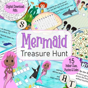 Mermaid Treasure Hunt. A indoor printable kids scavenger hunt, escape room game, for a mermaid party, girls birthday, tea party or sleepover