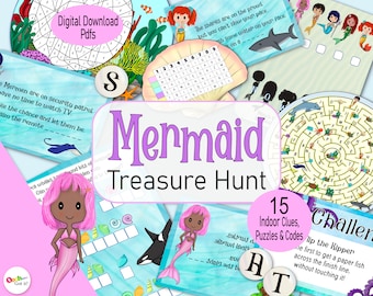 May include: A printable mermaid treasure hunt game with 15 indoor clues, puzzles, and codes. The game features a variety of activities, including a word search, a maze, a connect the dots, and a hidden picture. The game is perfect for children who love mermaids and treasure hunts.