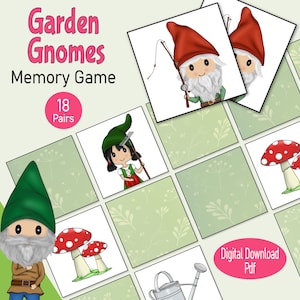 Gioco di carte di memoria con gli gnomi da giardino, attività estiva stampabile per bambini per un tea party in giardino, una serata di giochi in famiglia o una risorsa per l'aula dei più piccoli