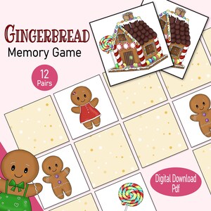 Gingerbread Memory Card Game, een bijpassende printbare afbeelding voor kerstkoekjes, een leuk peuter-, kleuter-, kinder- of gezinsactiviteit