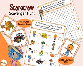 May include: A printable Scarecrow Scavenger Hunt activity with 12 pictures to find. The pictures include a tractor, leaves, a scarecrow, and pumpkins. The activity also includes a word search puzzle.
