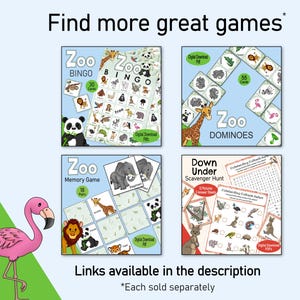 Op de afbeelding: Een collage van vijf printbare spellen met een dierentuin-thema voor kinderen. De spellen omvatten bingo, domino, geheugen en een speurtocht. Elk spel bevat kleurrijke illustraties van dieren en de tekst "Zoo" op de spelborden.