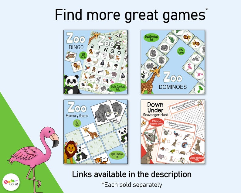 Op de afbeelding: Een collage van vijf printbare spellen met een dierentuin-thema voor kinderen. De spellen omvatten bingo, domino, geheugen en een speurtocht. Elk spel bevat kleurrijke illustraties van dieren en de tekst "Zoo" op de spelborden.