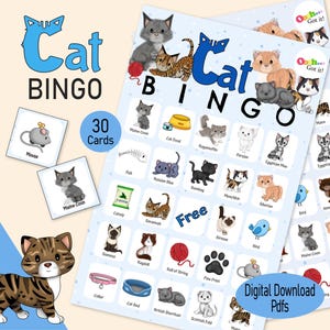 Cat Bingo, 30 printable Kitten cards, a girls 2nd birthday party game, a cat lovers gift, kitty kids activity for home, school or preschool