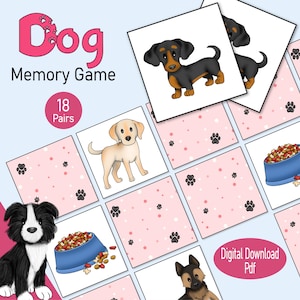Cartes mémoire pour chien, jeu d'association d'images de chiot à imprimer, livre chargé pour tout-petits ou activité de temps calme pour enfants pour apprendre à la maison ou à l'école maternelle