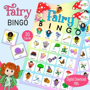 Fairy Bingo, a printable rainbow kids activity, party game for a rainy day, family games night, sleepover, fairy tea party or girls birthday