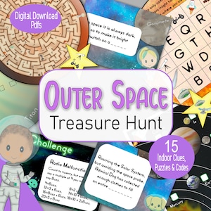 Puede incluir: Un juego de búsqueda del tesoro imprimible con temática espacial, en colores morado y blanco. El juego incluye 15 pistas, rompecabezas y códigos. La imagen muestra un laberinto, una búsqueda de palabras, un juego de conteo y un diagrama del sistema solar.