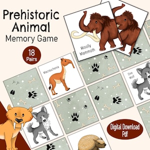 Gioco di carte di memoria sugli animali preistorici, un'attività di abbinamento di immagini dell'era glaciale stampabile, un divertente gioco per famiglie o una risorsa di apprendimento scolastico per bambini