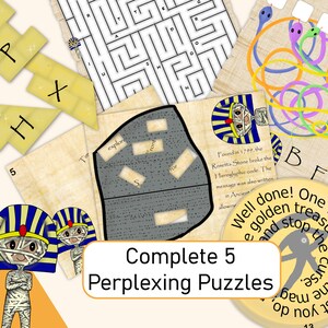 K&ouml;nnte beinhalten: Ein Satz von f&uuml;nf &auml;gyptisch-thematischen Puzzles mit gelbem Hintergrund. Die Puzzles beinhalten ein Labyrinth, ein Suchwort, einen Hieroglyphencode, ein Bildpuzzle und ein Logikpuzzle. Der Text auf dem Bild lautet "Complete 5 Perplexing Puzzles".