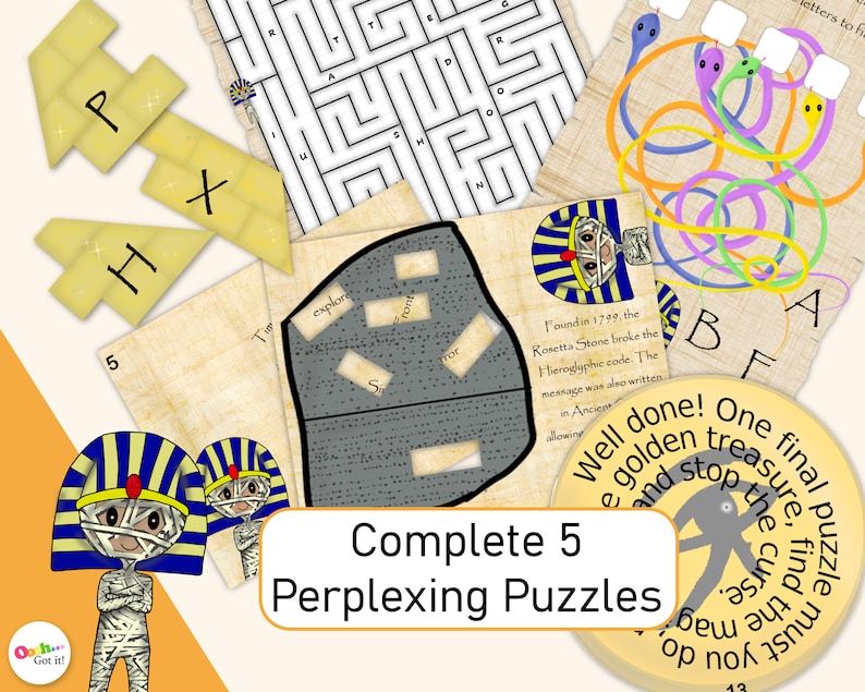 K&ouml;nnte beinhalten: Ein Satz von f&uuml;nf &auml;gyptisch-thematischen Puzzles mit gelbem Hintergrund. Die Puzzles beinhalten ein Labyrinth, ein Suchwort, einen Hieroglyphencode, ein Bildpuzzle und ein Logikpuzzle. Der Text auf dem Bild lautet "Complete 5 Perplexing Puzzles".