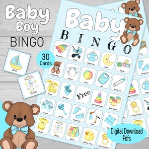 Babyshowerbingo, 30 afdrukbare voorgevulde bingokaarten, voor een babyshower, adoptiefeest of gender reveal, schattige teddybeer familiespel