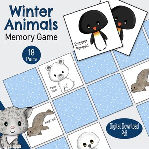 Gioco di carte di memoria sugli animali invernali, un gioco di abbinamento di immagini innevate stampabile, un orso polare tranquillo per bambini piccoli, bambini in età prescolare o attività per la famiglia