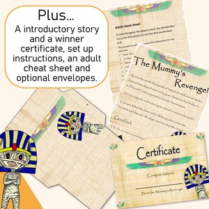 K&ouml;nnte beinhalten: Ein druckbares Spielset mit Mumien-Thema. Das Set enth&auml;lt eine Urkunde, Anweisungen, einen Spickzettel und Umschl&auml;ge. Das Spiel hei&szlig;t "Die Rache der Mumie!"