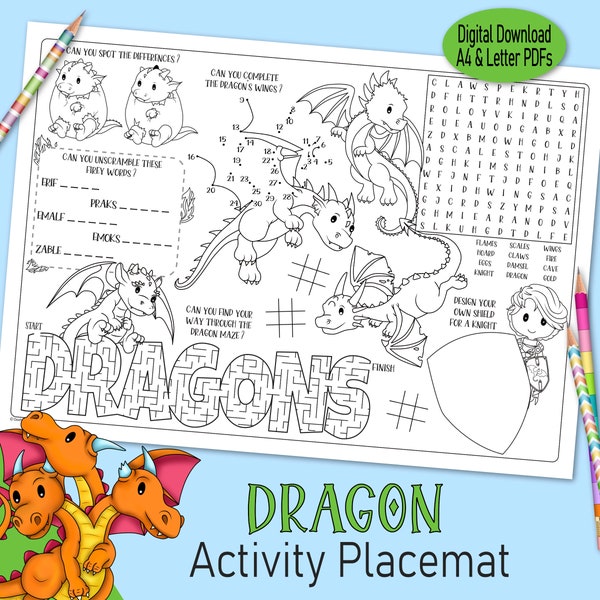 Dragon Placemat, a printable birthday party activity sheet for kids, a medieval knight coloring table decor or Renaissance Fair party favor