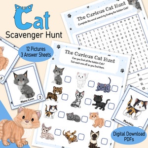 Chasse au trésor avec images de chaton, un jeu de cache-cache à imprimer pour les enfants ou les tout-petits, un jeu de fête d'anniversaire de chaton pour fille ou une activité familiale