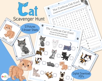 Kitty Cat Picture Scavenger Hunt, a printable hide & seek game for kids or toddlers, a girls kitten birthday party game or family activity