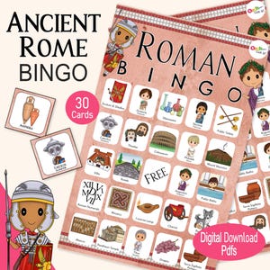 Bingo da Roma Antiga, um jogo de festa romano para imprimir, para uma unidade de educação domiciliar do Império Romano, jogo educacional para a família ou atividade divertida para crianças em sala de aula