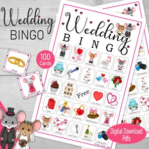 Bingo de casamento, 100 cartões de bingo de ratos de casamento para impressão, jogos de mesa de recepção de casamento caprichosos, chá de panela ou ideia de jantar de ensaio