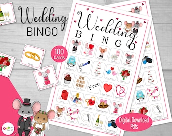 Wedding Bingo, 100 printable wedding mice bingo cards, a whimsical wedding reception table games, bridal shower or rehearsal dinner idea